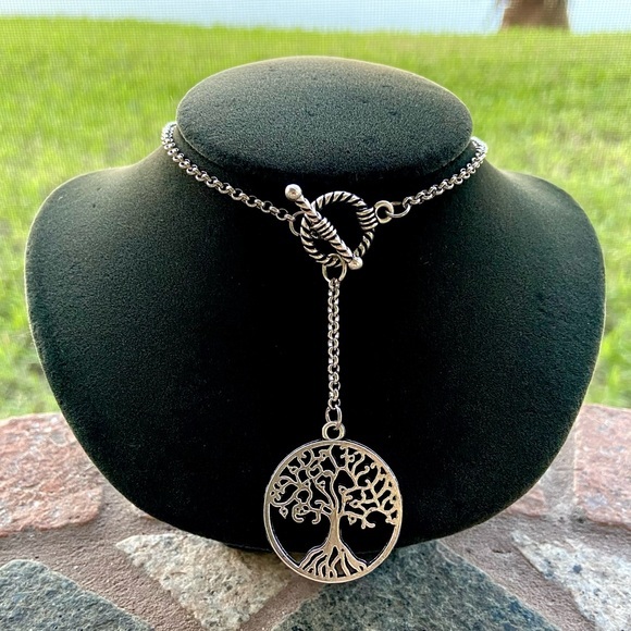 Y shape lariat necklace twisted cable round toggle clasp & tree if life charm - Picture 7 of 10